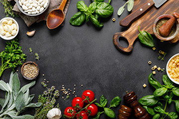 Canvas Print - Culinary background with ingredients for cooking, herbs and spices