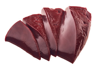 Raw beef livers on  white background.