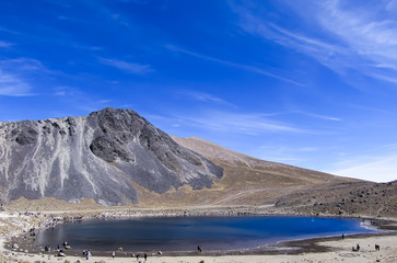 Panoramic view of the Laguna de la Luna, located in the crater of the old Nevado de Toluca volcano, about 4600 meters above sea level is one of the four highest mountain in Mexico.