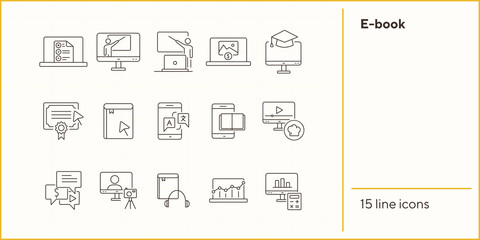 Poster - E-book line icon set. Tablet computer, device, information. Education concept. Can be used for topics like reading, studying, self-development