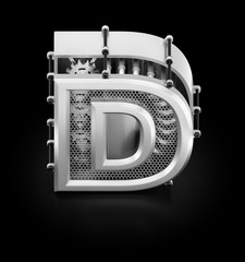 Aufkleber - Capital D of Alphabet. Orthographic view at designed in techno-style letter D composed from mechanical parts and standing on reflective black background. 3d rendering graphics.