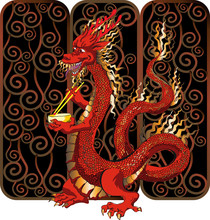 Cheerful Asian Dragon Holding A Plate And Chopsticks. Vector Illustration For Wallpaper, Banner, Background, Card, Book, Mural, Illustration, Landing Page, Cover, Placard, Poster, Banner, Flyer