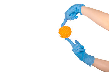 Medical gloves. The virus in the hands. Blue on a white background. Isolated.