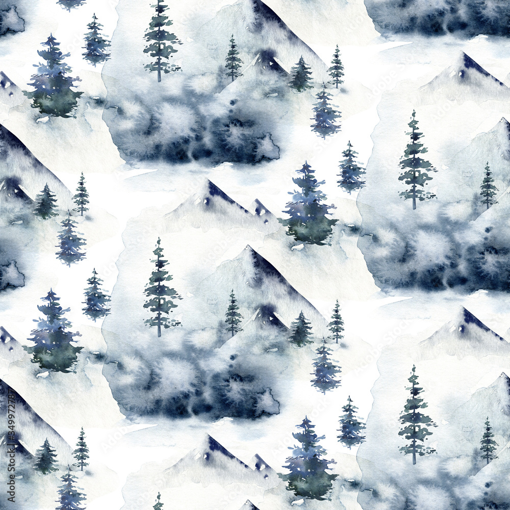 Watercolor winter forest seamless pattern. Christmas tree landscape with Pine Trees fir in the Mountains. Hand painted blue Background. Snow holiday design paper - obrazy, fototapety, plakaty 