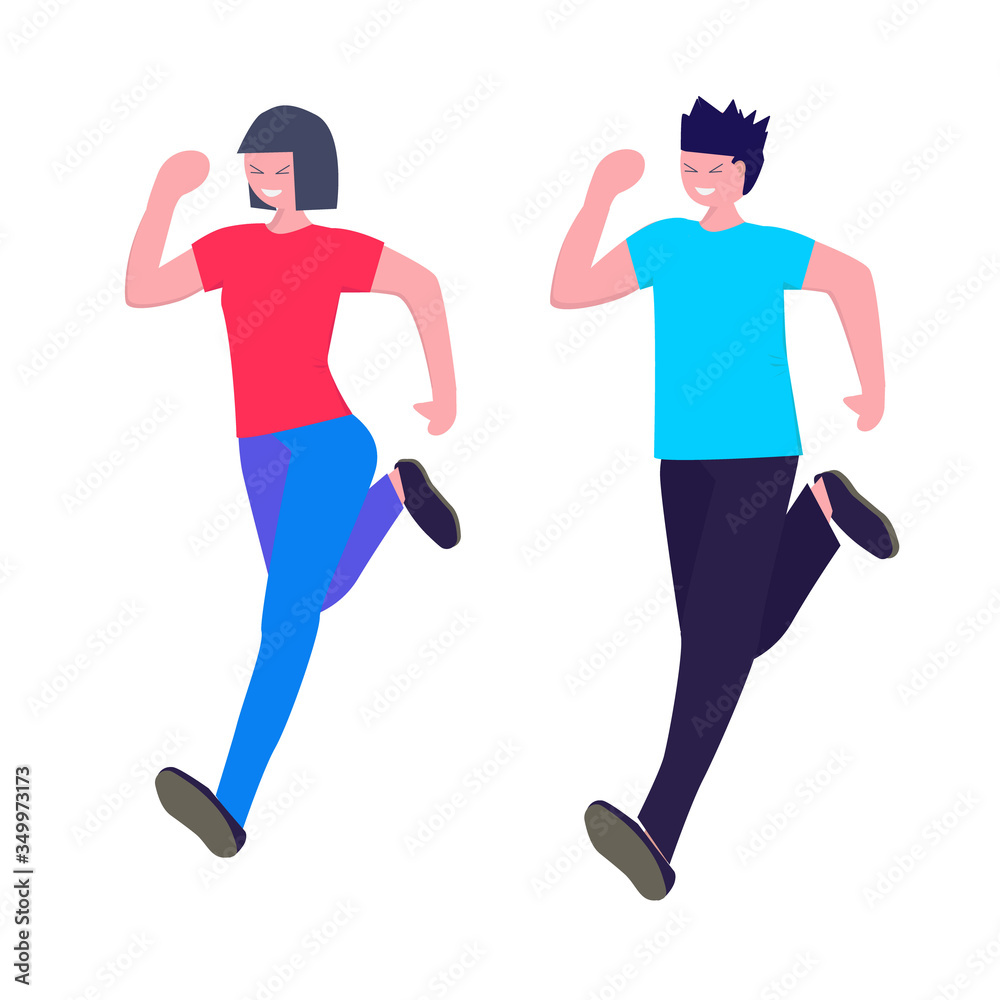 Happy man and woman running. Vector Illustration in flat style for ...