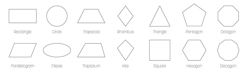 Sticker - Geometric shapes with labels. Set of 14 basic shapes. Simple flat vector illustration