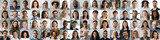 Fototapeta  - Multi ethnic people of different age looking at camera collage mosaic horizontal banner. Many lot of multiracial business people group smiling faces headshot portraits. Wide panoramic header design.