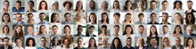 Multi Ethnic People Of Different Age Looking At Camera Collage Mosaic Horizontal Banner. Many Lot Of Multiracial Business People Group Smiling Faces Headshot Portraits. Wide Panoramic Header Design.