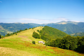 Wall Mural - mountain landscape with green meadow on the hill. fluffy clouds on the blue sky above the distant ri