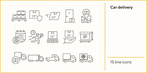 Poster - Car delivery icons. Set of line icons. Delivery report, parcel insurance, express delivery. Logistics concept. Vector illustration can be used for topics like transportation, service, shipping