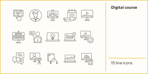 Poster - Digital course line icon set. Student, computer, lection. E-learning concept. Can be used for topics like training, online lesson, webinar