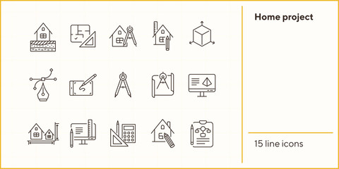 Canvas Print - Home project line icon set. Blueprint, computer, house, ruler, pencil. Architecture concept. Can be used for topics like engineering, measurement, building design