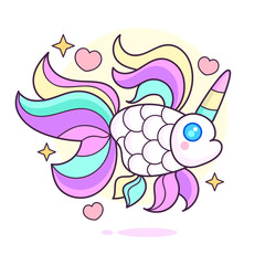 Wall Mural - Icorn Fish With Rainbow Horn Vector Icon. Silhouette Sticker, Patch Badge. Cute Magic Cartoon Fantasy Cute Animal. Symbol Of Sleep. Design