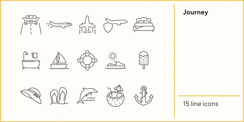 Poster - Journey line icon set. Airplane, hotel room, flip flops. Vacation concept. Can be used for topics like travel, beach, tropical resort