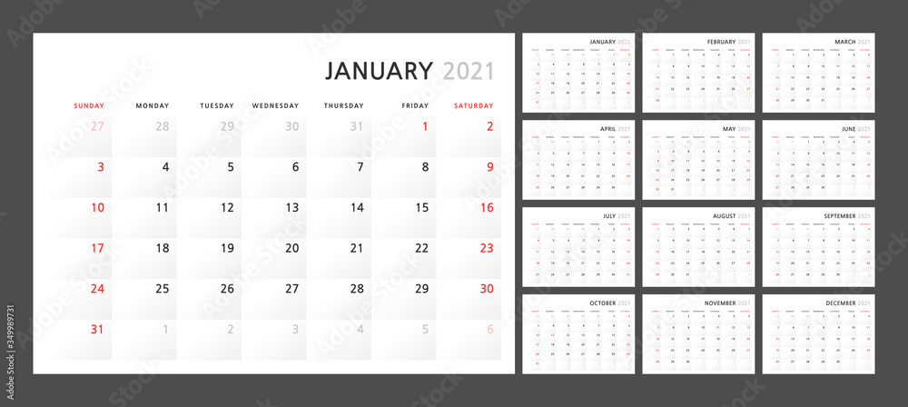 Wall quarterly calendar template for 2021 in a classic minimalist style. Week starts on Monday. Set of 12 months. Corporate Planner Template. - obrazy, fototapety, plakaty 