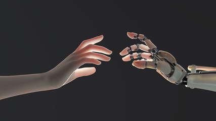 hands of a robot and a man tend to one another