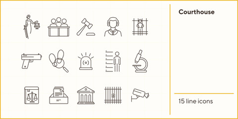 Wall Mural - Courthouse line icon set. Jury bench, prison, criminal code. Justice concept. Can be used for topics like court, trial, crime