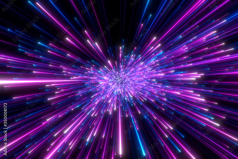 Speed of light in space on dark background. Abstract background in blue, yellow and orange neon colors. 3d render. - obrazy, fototapety, plakaty 