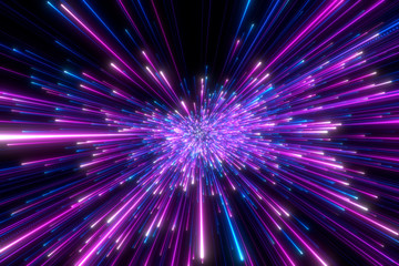 Speed of light in space on dark background. Abstract background in blue, yellow and orange neon colors. 3d render.