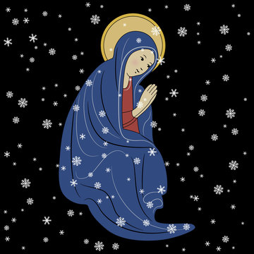 Isolated vector illustration. Praying saint Virgin Mary. Sitting Madonna under snowflakes. Christmas motif.