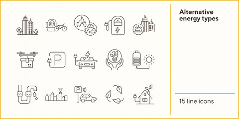 Wall Mural - Alternative energy types icons. Set of line icons. Sun charge, quadcopter with box, bike rent. Alternative energy concept. Vector illustration can be used for topics like environment, ecology