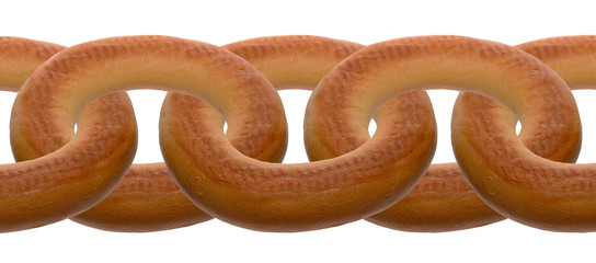 Chain of baked bagels on a white background. Food blockchain