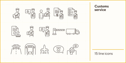 Poster - Customs service icons. Set of line icons. Check of package, truck, airplane, train. Logistics concept. Vector illustration can be used for topics like shipment, transportation, delivery