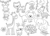 Fototapeta Fototapety na ścianę do pokoju dziecięcego - Outline wild safari animals vector illustration for coloring. Jungle animals line art including monkey, tiger, zebra, giraffe, lion, elephant, snake, deer and peacock.
