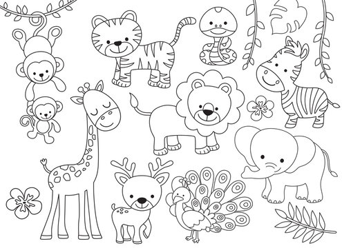 Fototapete - Outline wild safari animals vector illustration for coloring. Jungle animals line art including monkey, tiger, zebra, giraffe, lion, elephant, snake, deer and peacock.