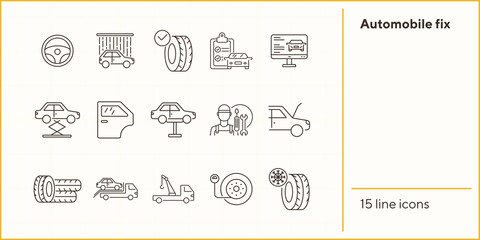 Poster - Automobile fix line icons. Set of line icons. Wheel, winter tyre, tools. Car repair concept. Vector illustration can be used for topics like car service, business, advertising