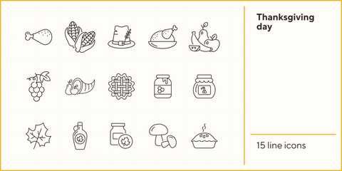 Canvas Print - Thanksgiving day line icon set with pie and turkey. Jar of honey, grape, maize, hat, maple leaf. Thanksgiving concept. Can be used for topics like autumn, holiday, dinner, harvest