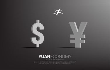 Poster - Vector Silhouette of businessman jump from dollar money to china yuan currency icon. Concept for chinese economy and era of chinese.