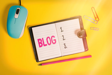 Poster - Writing note showing Blog. Business concept for regularly updated website web page run by individual Leather locked diary striped sheets marker mouse colored background