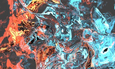 Poster - 3D Rendering of Abstract shape liquid with light distort reflection. Fire and Ice element against (vs) each other background. Heat and Cold concept
