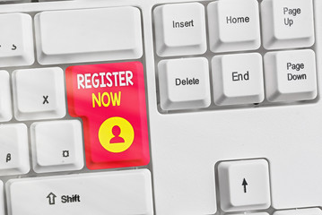 Poster - Conceptual hand writing showing Register Now. Concept meaning official list or record showing or things into web or forum
