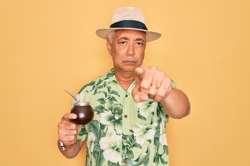 Canvas Print - Middle age senior grey-haired man wearing summer hat drinking traditional mate drink pointing with finger to the camera and to you, hand sign, positive and confident gesture from the front