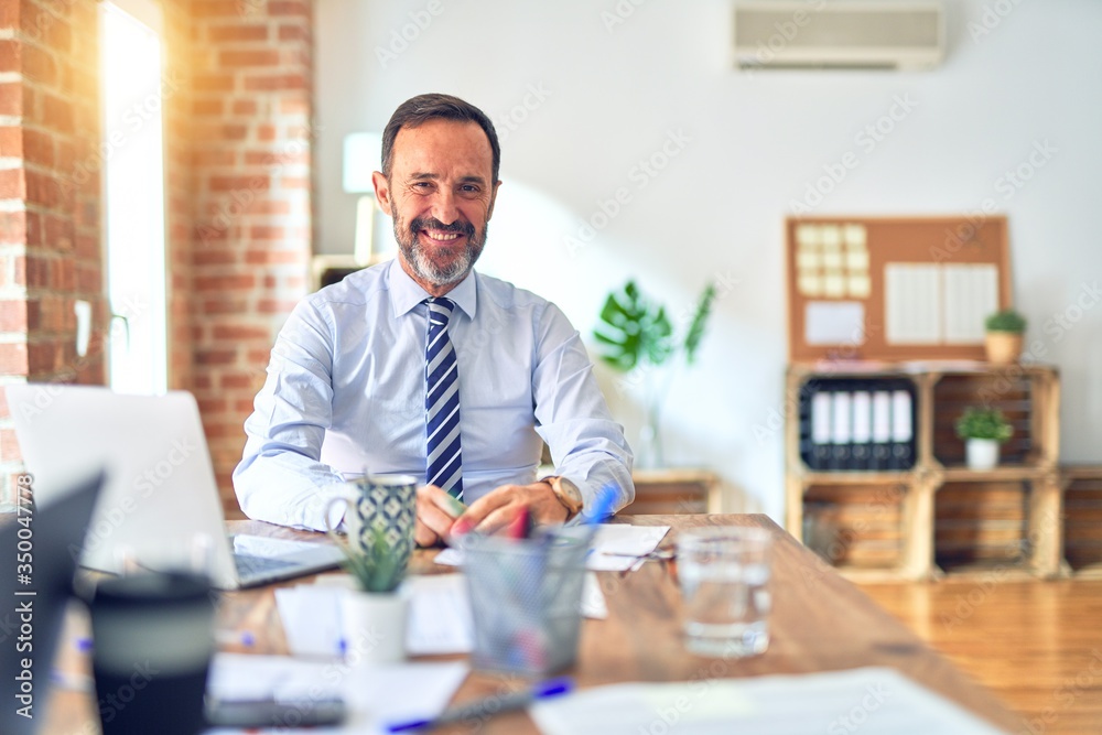 Middle age handsome businessman wearing tie sitting using laptop at the office with a happy and cool smile on face. Lucky person.