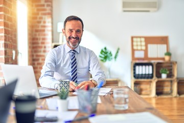 Canvas Print - Middle age handsome businessman wearing tie sitting using laptop at the office with a happy and cool smile on face. Lucky person.