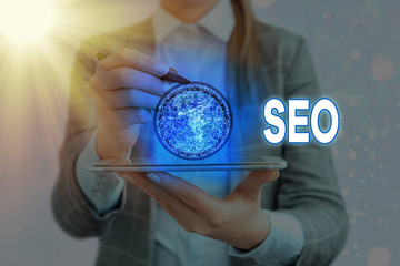 Poster - Writing note showing Seo. Business concept for incredibly effective way to market your near business online Elements of this image furnished by NASA