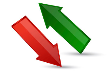 Poster - Arrow up diagonal and down arrow icon. Red and green lines change symbol. Vector illustration. Stock Photo.