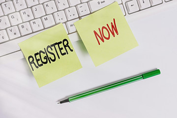 Poster - Writing note showing Register Now. Business concept for official list or record showing or things into web or forum Square green note paper with pencil on the white background