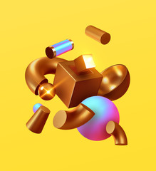 Poster - Modern minimal design with realistic 3d render objects. Abstract background. Art trend poster. Creative composition levitation of different forms of elements. Vector illustration