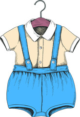 Wall Mural - Hand drawn vector icon: baby boy wardrobe shirt and shorts for special occasion on the hanger.