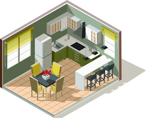 Wall Mural - 3d  vector low poly isomeric kitchen icon with kitchen appliances and modern design furniture.