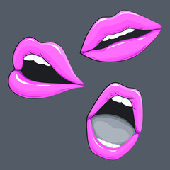 Vector fashion Illustration. Collection of lip icons, bright glamorous drawing of pink lips, nude on grey background.