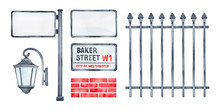 Watercolour Illustration Pack Of Various City Details: Sign Board, Signpost, Street Lantern, Red Brick Wall Texture, Black Metal Fence. Hand Painted Graphic Drawing, Cutout Clipart For Design Decor.