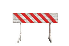 Red And White Striped On Wooden Panel Barrier Isolated On White Background. The Ban Sign Painted On Wood Plank And Stand