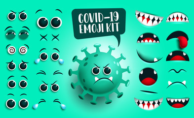 Poster - Covid19 emoji kit vector set. Green corona virus covid19 smiley and icon creation, kit eyes and mouth with sad facial expression isolated in green background. Vector illustration.
