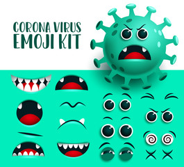 Poster - Corona virus emoji kit vector set. Covid19 green ncov virus emoticon and icon eyes and mouth editable kit  with angry facial expression for germs creation . Vector illustration. 
