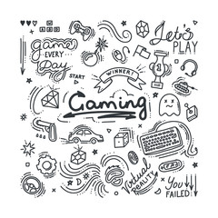 Sticker - gaming doodle set. virtual reality, computers, game genres and related objects. vector illustration